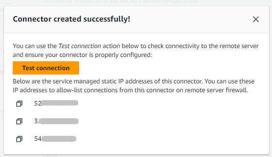The connector creation screen that appears when an SFTP connector has been successfully created. It contains a button for testing the connection and a list of the service-managed static IP addresses of this connector.