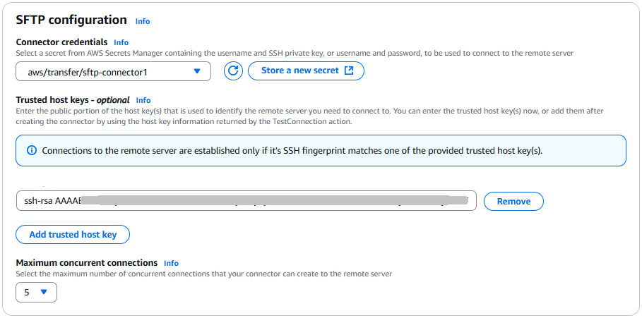 The Transfer Family SFTP connector console, showing the SFTP configuration settings.