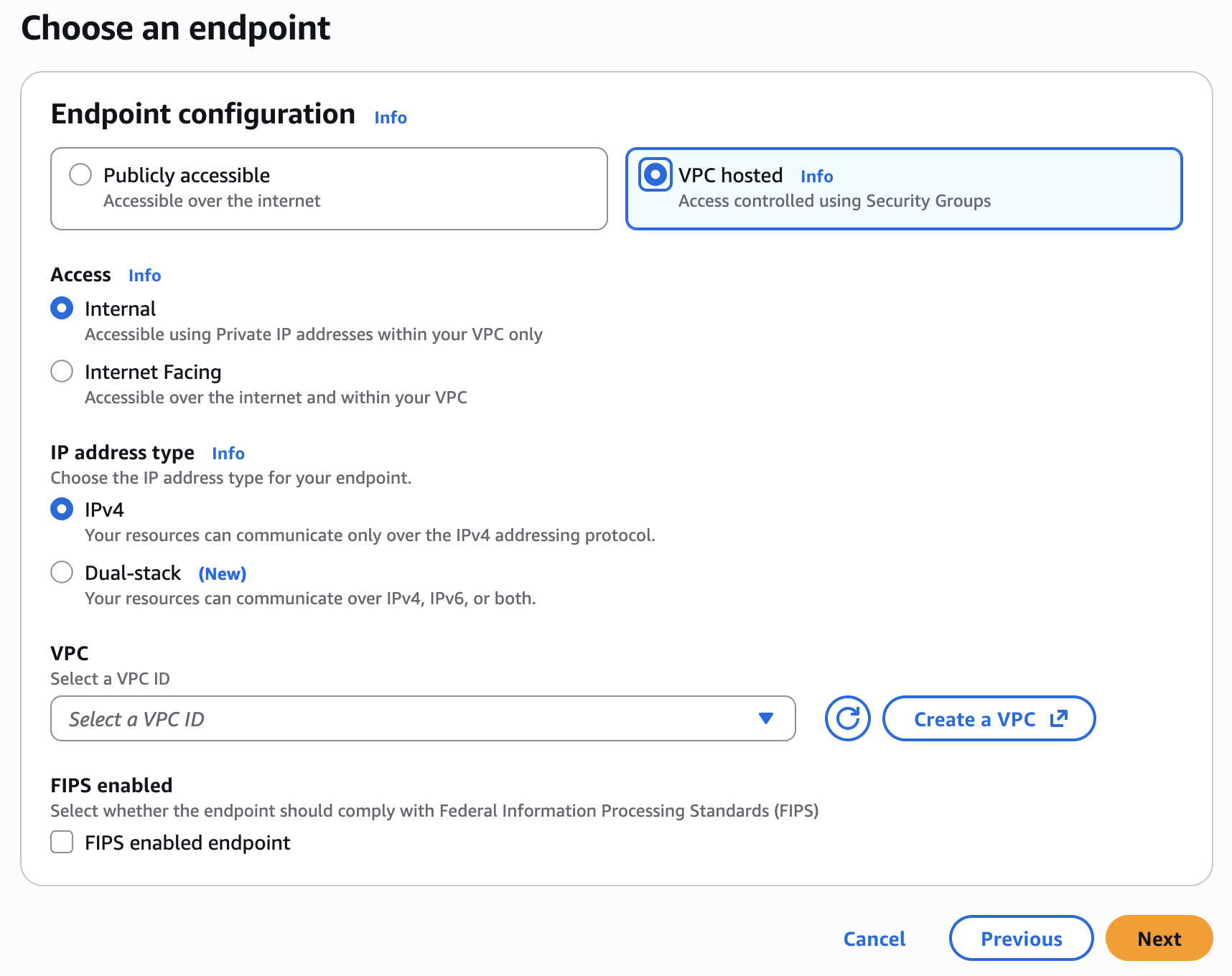 The Choose an endpoint console section with VPC hosted selected.