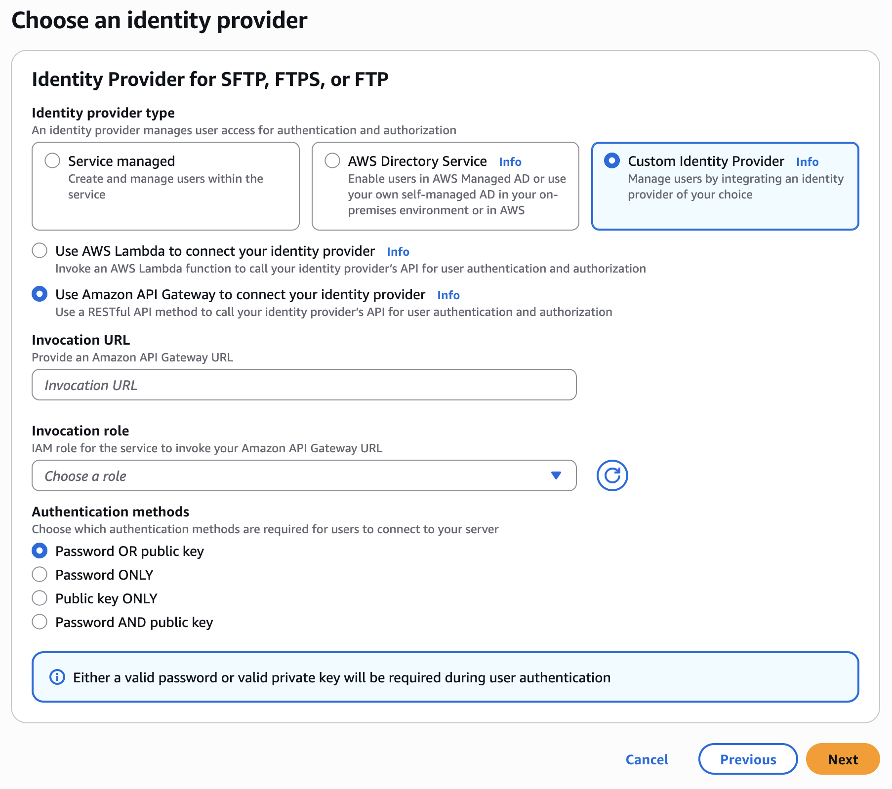 The identity provider screen with Custom Identity Provider selected, and with the API Gateway chosen for connecting to your identity provider.