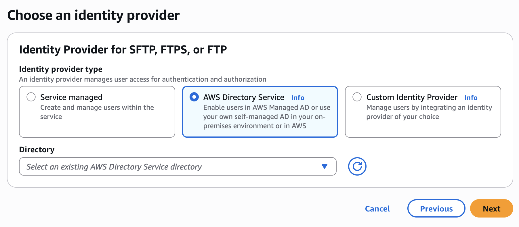 Console screenshot showing Choose identity provider section with Directory Service selected.