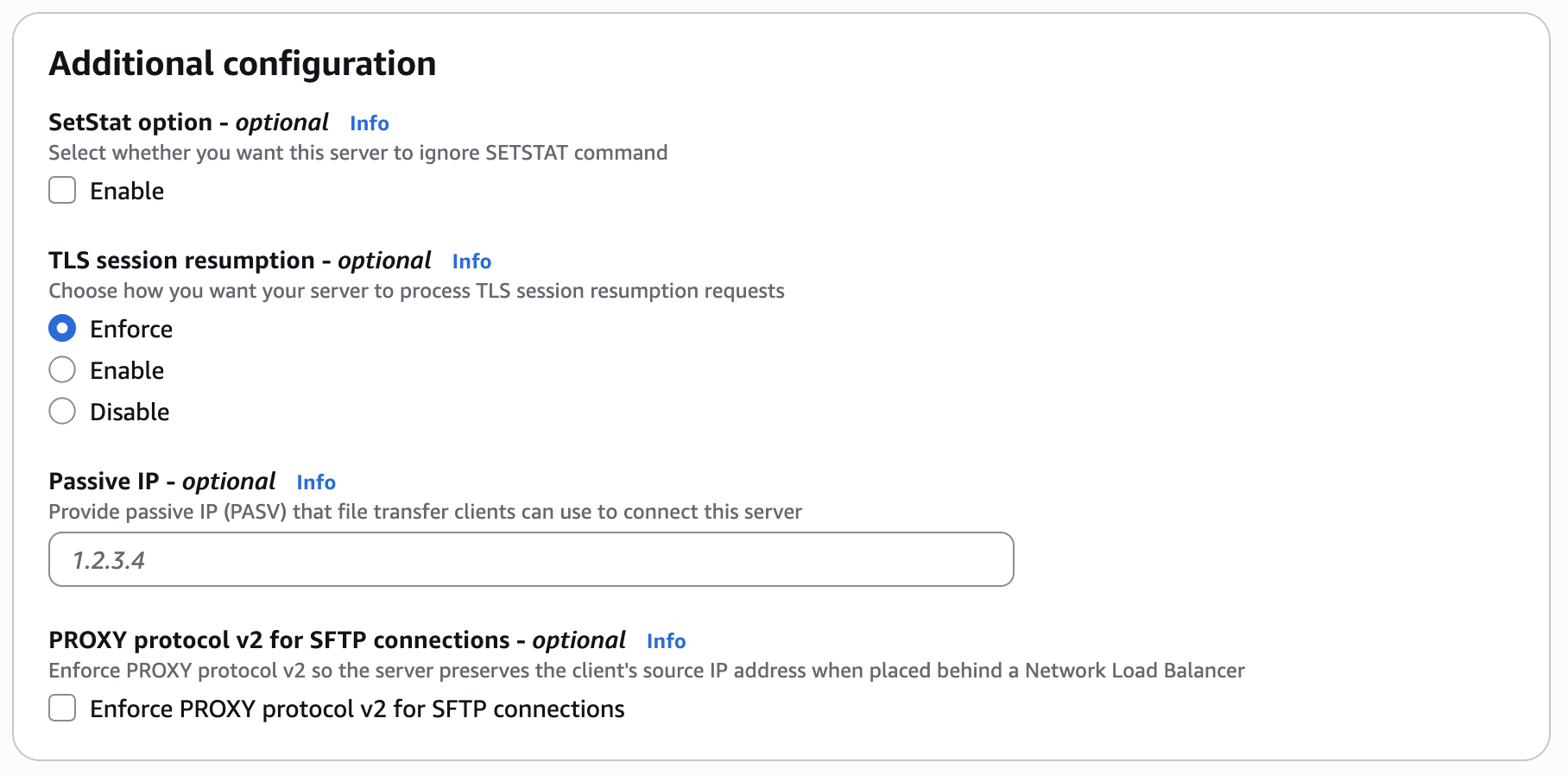 The Additional configuration screen showing the SetStat, TLS session resumption, and Passive IP parameters.
