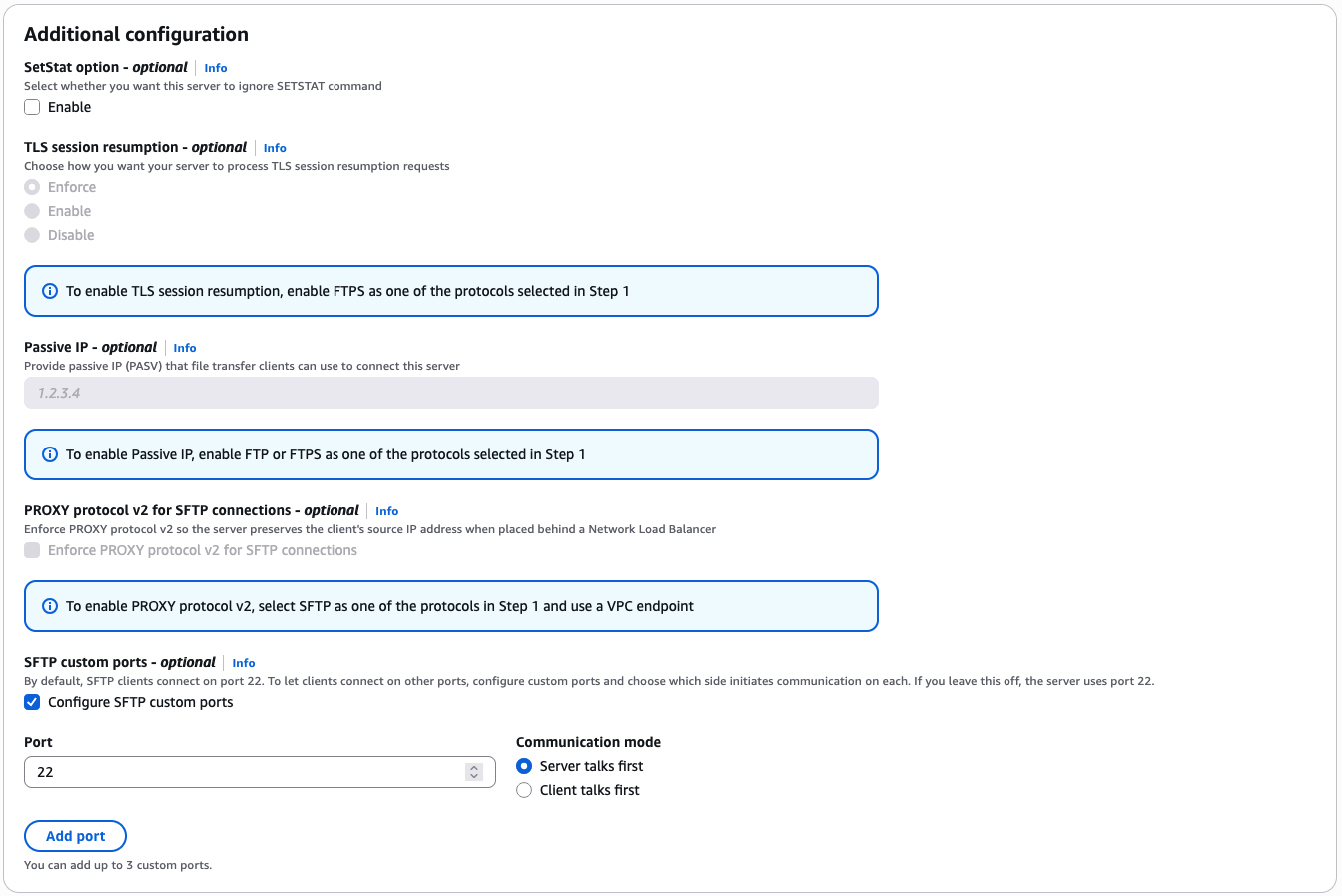 Additional options screen for Server details page.