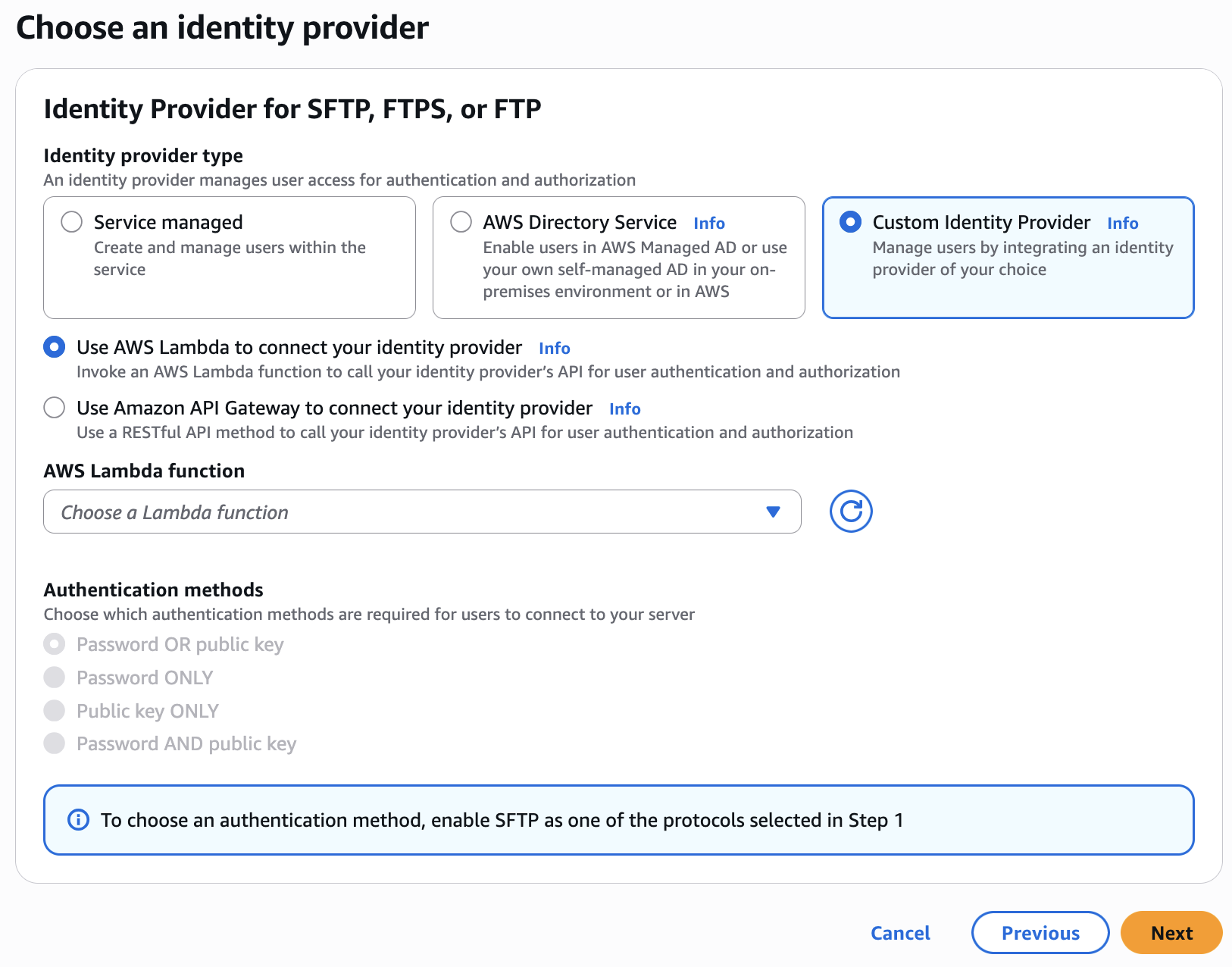 The Choose an identity provider console section with Custom identity provider selected.