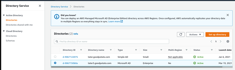 The Directory Service console showing a list of directories and their details.