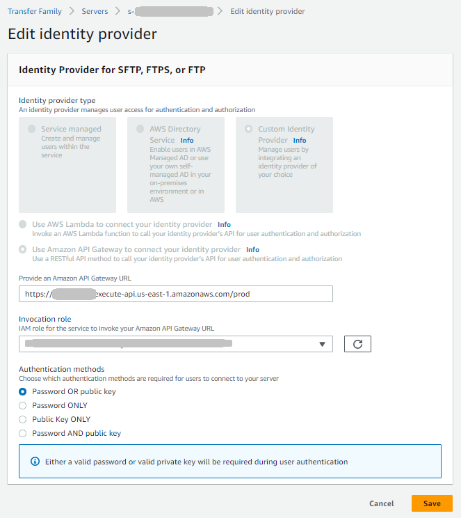 For an API Gateway identity provider, you can update the Gateway URL or the invocation role, or both.