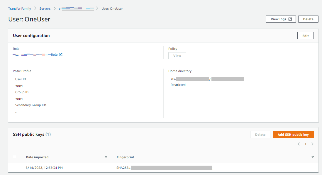 The AWS Transfer Family console, showing the user details for a selected user.
