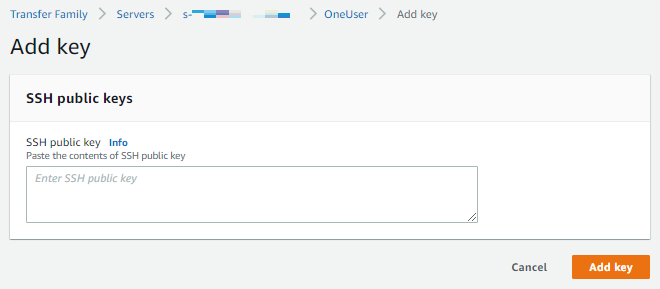 The AWS Transfer Family console, showing the Add key page for adding a public key.