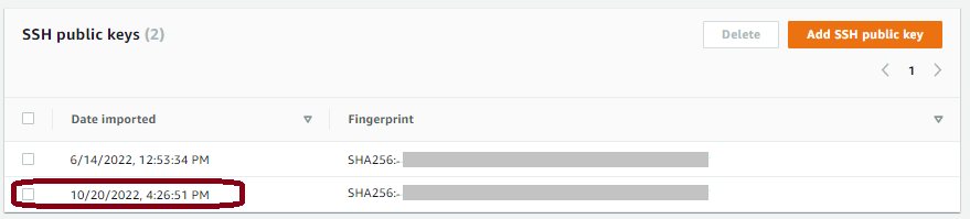 The AWS Transfer Family console, showing the newly added public key in the SSH public keys section.