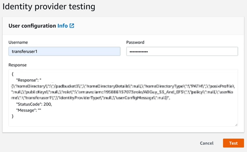 Console screenshot of the successful identity provider testing response.