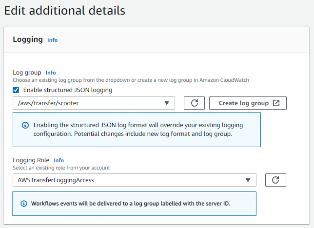 Logging pane, showing an existing logging role.