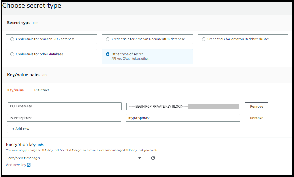 The AWS Secrets Manager console, showing the keys and values that you enter to manage your PGP keys.