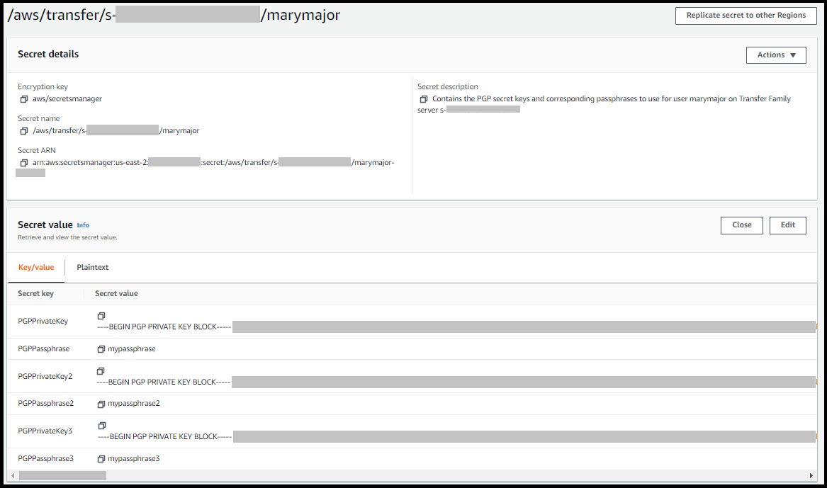 The AWS Secrets Manager console, showing the secret details page with three keys and passphrases for a Transfer Family server and user.