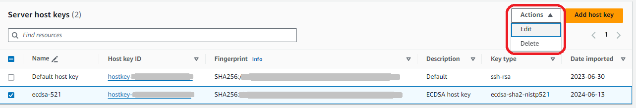 The server hostkey Actions menu.