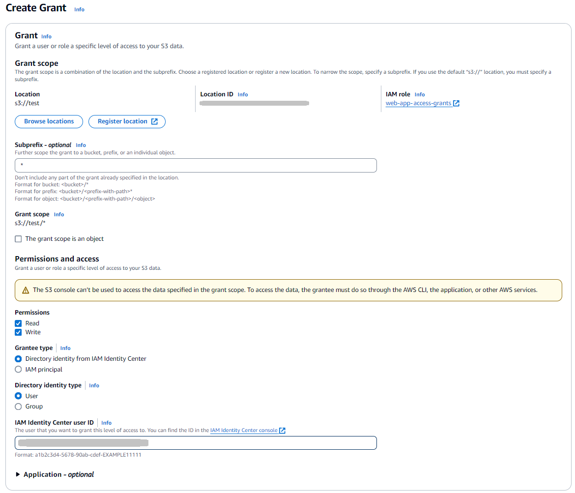 Screen showing the Amazon S3 Create Grant dialog with example values.