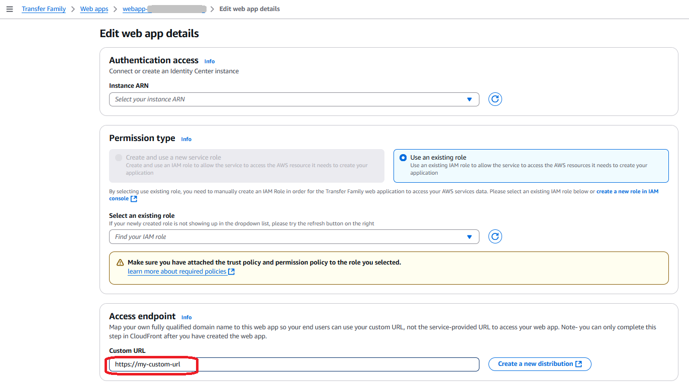 Screen showing a custom access endpoint for a Transfer Family web app.