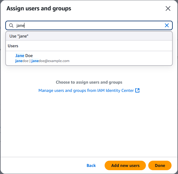 Screen showing the search dialog for adding users and groups to your web app.