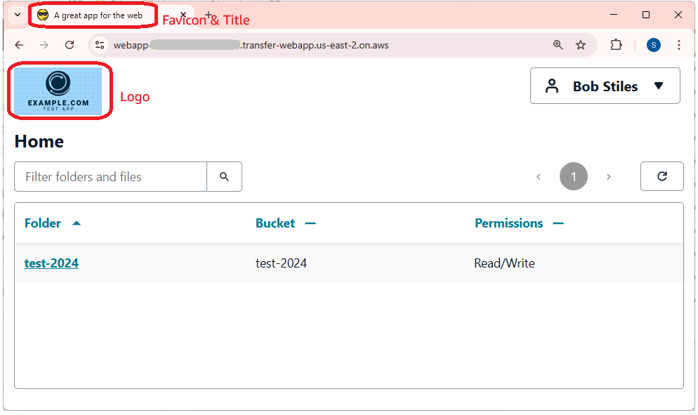 An example Transfer Family web app, with customized title, favicon, and logo.
