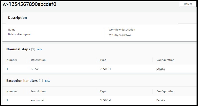 AWS Transfer Family console, showing an example workflow with one nominal step and one exception-handling step.