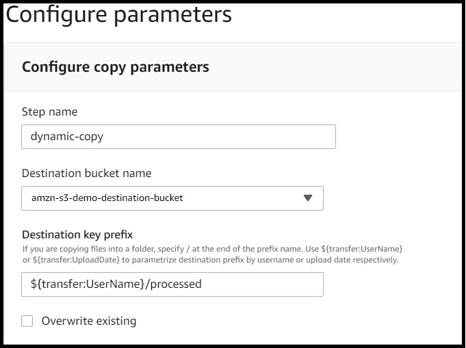 Parameter screen for a copy step, showing the bucket and the key, parameterized using UserName.
