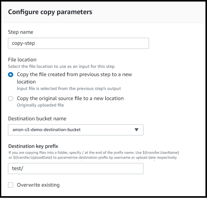 Workflow screen with Copy the file created from previous step... button selected.
