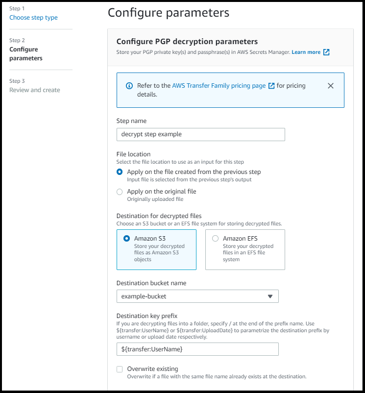 The AWS Transfer Family console, showing the Configure PGP decryption parameters section with sample values.