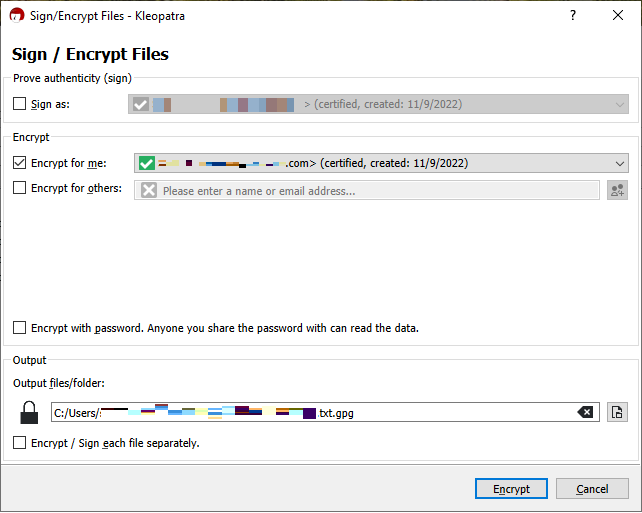 The Kleopatra options for signing and encrypting files. The option for Sign as is cleared, and the option for Encrypt for me is selected.