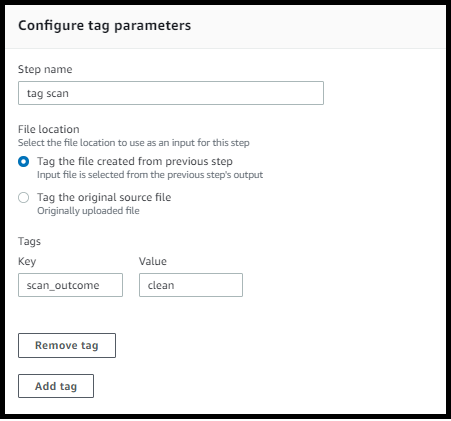 Workflows screen showing the details for a tagging step.