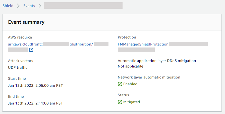 The summary pane of the AWS Shield console event page lists information for an event and includes the affected AWS resource, attack vectors, start and end times, and mitigation and status information.