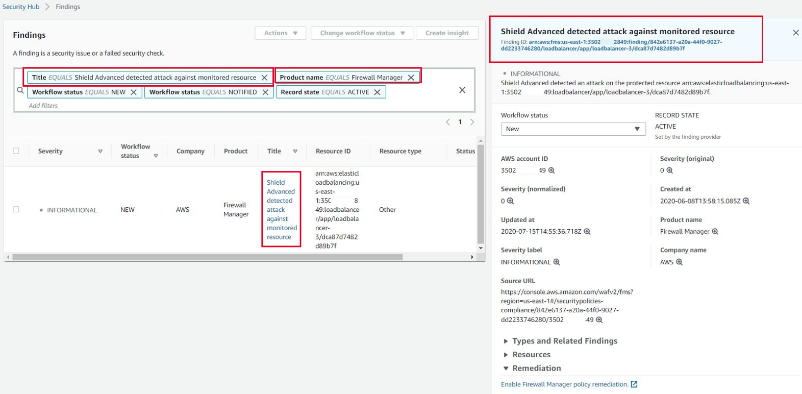 The screenshot shows the Security Hub CSPM console Findings page, subtitled A finding is a security issue or a failed security check.. The section has red outlines highlighting the strings: Title EQUALS Shield Advanced detected attack against monitored resource and Product name EQUAL Firewall Manager. The screen shows a set of details about the specific attack and its status.
