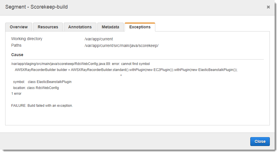 Exceptions tab showing build failure with error about missing ElasticBeanstalkPlugin symbol.