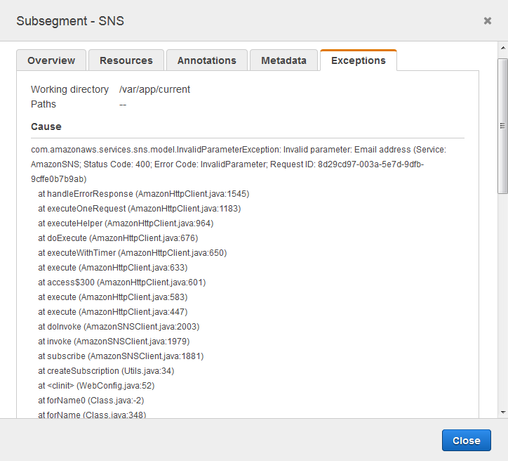 Exceptions tab showing captured exceptions and recorded stack trace